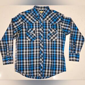 VTG Wrangler Mens Peal Snap Cowboy Western Wrancher Blue Black Size L